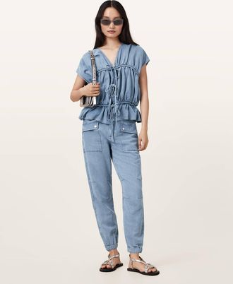 AllSaints Lyocell Val High-Rise Cargo Linen Blend Trousers, Size: UK 16/US 12