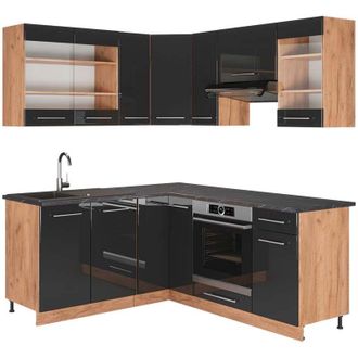 Vicco Cucina angolare completa Fame-Line, Antracite lucido/oro power oak, 160 x 190 cm, pl Antracite