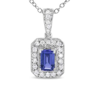 House of Brilliance 18K White Gold 1/4 Cttw Round Diamond and 6x4mm Purple Tanzanite Halo 18 Pendant Necklace (H-I Color, VS1-VS2 Clarity)