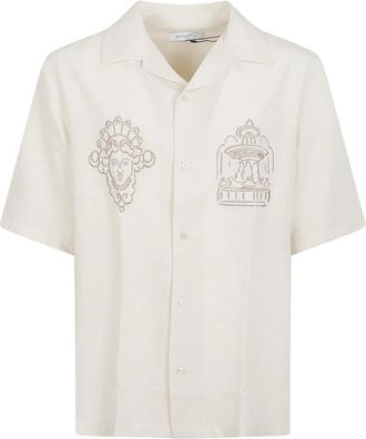 Maison Kitsun&eacute; Parisian Monuments Resort Shirt - Heren - Korte mouwen Overhemden - Beige - XL - Linnen - Overhemden