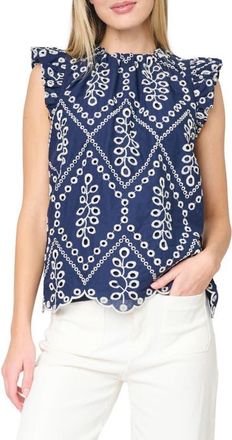 Gibsonlook Ribbon Detail Flutter Sleeve Top in Navy Eyelet at Nordstrom, Size X-Large