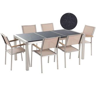 Beliani 6 Seater Garden Dining Set Triple Granite Top Beige Chairs Grosseto