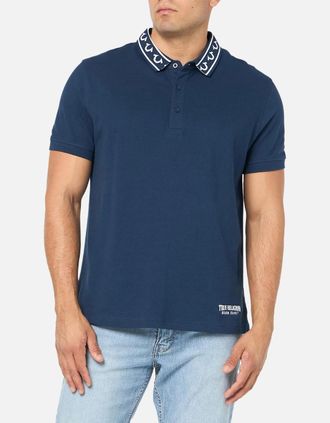 True Religion Mens True Religion Mens Polo Shirt Relaxed Fit Branded Collar SS Pique Polo Shirts - Navy - Size: 42