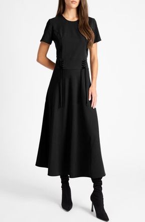 Santorelli Octavia Short Sleeve Dress with Leather Lacing Detail in Black at Nordstrom, Size 12