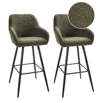 Beliani Conjunto De 2 Sillas De Bar Moderno De Boucl&eacute; Acolchado Con Reposabrazos Patas De Metal Verde Oscuro Casmalia