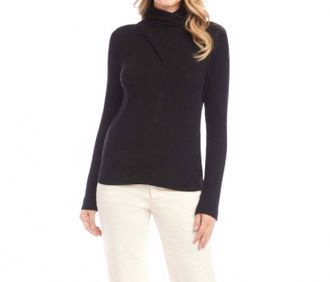 Karen Kane Ribbed Faux Wrap Turtleneck Top In Black