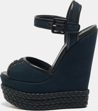 Giuseppe Zanotti Navy Blue/black Canvas And Leather Ankle Strap Wedge Sandals