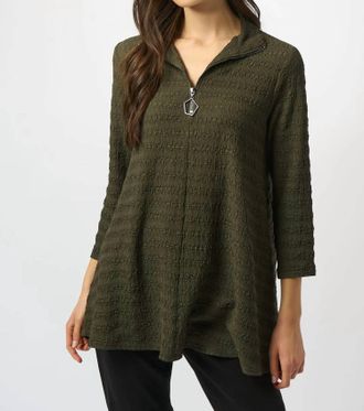 Joseph Ribkoff Zipped Collar 3/4 Sleeves A-Line Textured Top In Avocado