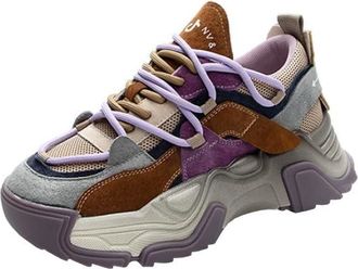 Generic Ladies Leather Thick Soled dad Shoes Versatile Color Blocked mesh Breathable Anti Slip Casual Sports Shoes (Purple,6.5)