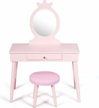 Costway Costway Tocador De Maquillaje Con Taburete Y Espejo Para Ni&ntilde;a De Madera 70x34x100 Cent&iacute;metros Mesa De Belleza Con Caj&oacute;n (rosa)