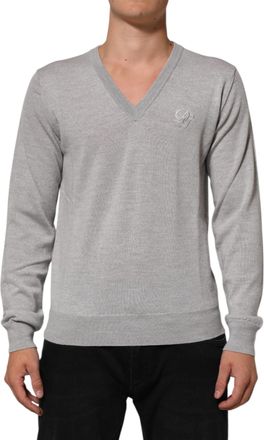 Dolce & Gabbana Gray Wool Knit Logo V-Neck Pullover Mens Sweater (Pre-Owned)