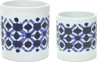 Melrose International Tie-Dye Print Ceramic Pot (Set of 2) - White, Blue