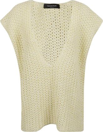 Fabiana Filippi Glanzend katoenen net diepe V-hals gebreide vest - Dames - V-hals truien - Beige - XS - Katoen - Truien & Vesten