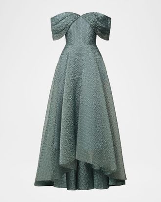 Theia Elysia Off-Shoulder Floral Jacquard Gown