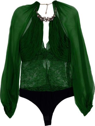 Roberto Cavalli Emerald Silk Sheer-Sleeve Bodysuit, Brand Size 40 ( US Size 6 )
