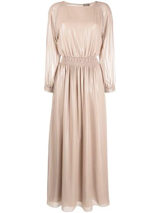 PESERICO satin-finish rhinestone-embellished long dress - women - Polyurethane/Polyester/Polyester - 38 - Neutrals