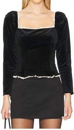 Astr Elegant Velvet Squareneck Long Sleeve Top In Black
