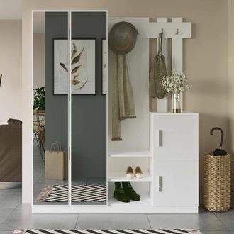 Dmora Mueble De Entrada Hene, Con Espejo, 16-24 Pares, 8 Estantes, 147x38x180h Cm Blanco