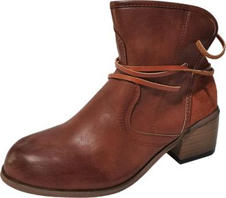 Generic Cowboy Boots Womens Cowboy Ankle Boots with Heel Leather Boots Vintage Lace-up Boots Motorcycle Bike Ankle Boots Western Boots Womens Boots Slip-On Bo