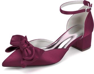 Generic Womens Low Block Heels Wedding Shoes Low Chunk Shoes Satin Bridal Pumps Prom Party Dress with Bow Pumps 4.5Cm,Burgundy,10 UK