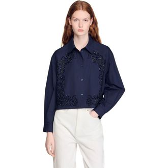 Sandro Floral embroidered cotton shirt in Navy Blue at Nordstrom, Size X-Small