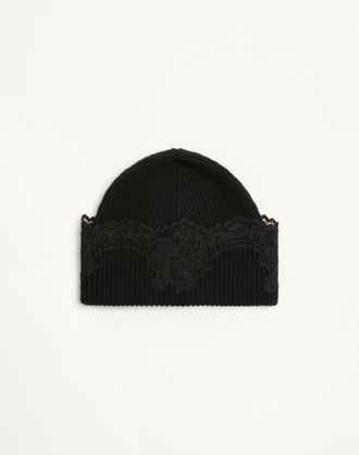 Valentino Garavani Cappello Beanie VLogo Signature In Cachemire E Pizzo Donna NERO L/X