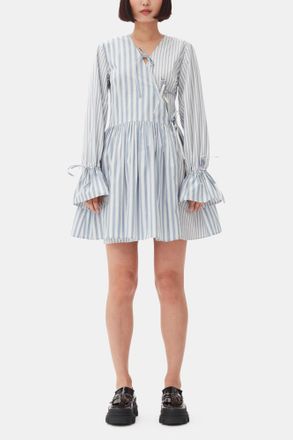 Ganni White Blue Stripe Cotton Mini Wrap Dress - Size 32 Organic