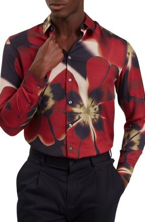 Ted Baker Phelin Floral Stretch Cotton Button-Up Shirt in Red/Navy at Nordstrom, Size 6