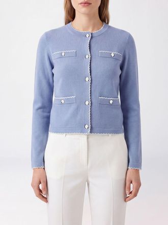 Tory Burch Slim Fit Wool Cardigan with Crew Neck and Patch Pockets