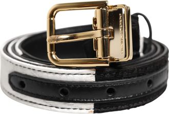 Dolce & Gabbana Black White Patchwork Gold Metal Buckle Womens Belt