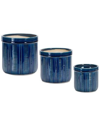 Melrose International Set Of 3 Blue Etched Terracotta Pot Planter
