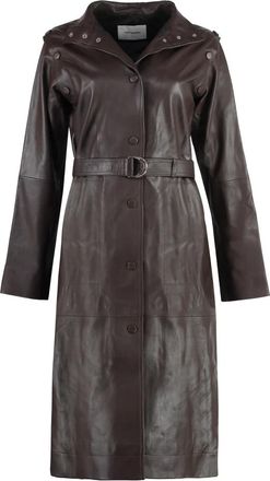 Yves Salomon Lamsleren jas met taille riem - Dames - Jas met riem - Bruin - S - Leer - Jassen