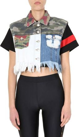 GCDS Cropped Denim Vest With Patchwork Design
