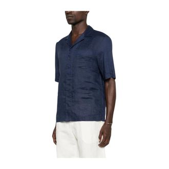 Paolo Pecora Short Sleeve Shirts, male, Blue, Size: M Revere-collar Linen Shirt