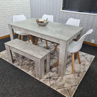 Kosy Koala Stone Grey Effect Wood Dining Table Set with Bench & 4 White Plastic Chairs Modern Dining Room Furniture in Brown