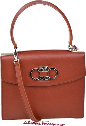 Ferragamo Double Gancini Top Handle Bag Saffiano Leather Brown Leather Handbag (Pre-Owned)