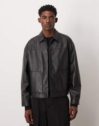 Asos Giacca harrington in vera pelle nera-Nero