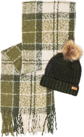 Barbour Saltburn Beanie & Tartan Sjaal Cadeauset - Dames - Hoeden - Groen - ONE Size - Polyester - Accessoires