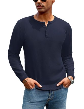 iClosam Mens Henley Jumper Mens Long Sleeve Sweater Mens Winter Jumpers Regular Fit Sweaters Mens Vintage Pullover for City Walk,Navy,L