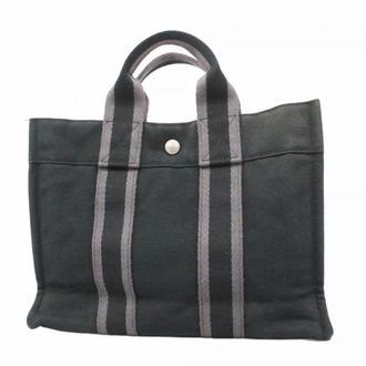 Herm&egrave;s Black Gray Canvas Tote Bag (Pre-Owned)