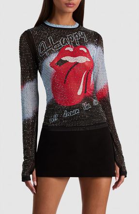 Alice & Olivia Delaina Embellished Long Sleeve Mesh Top in Happy Down The Line at Nordstrom, Size X-Large