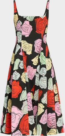 Marni Sleeveless Rose-Print Cotton Poplin Midi Dress