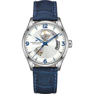Hamilton Jazzmaster Skeleton Leather Strap Watch, 42mm in Blue at Nordstrom