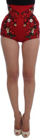 Dolce & Gabbana Womens Shorts Floral Embroidery High Waist - Red Silk - Size EU 36 (Womens)