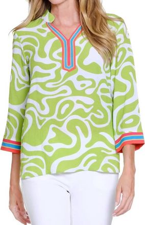 Multiples Cuffed Dolman Collared Top In Lime Green/multi
