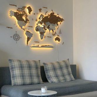 OEM Mappa Del Mondo In Legno Illuminata Con Motivo 3d A Led Xvi. Bordi + Nomi Di Paesi, Capitali E Stati. 120x75 Cm