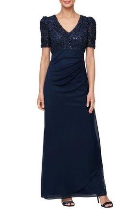 Alex Evenings Embellished Short Sleeve Empire Waist Gown in Navy at Nordstrom, Size 14