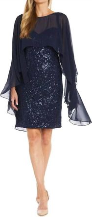 R & M Richards Shear Cape Overlay Sparkled Dress In Navy