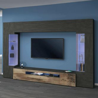 Dmora Pared Equipada Dberard, Conjunto De Sal&oacute;n Mueble Tv Con 6 Puertas, Mueble De Sal&oacute;n Polivalente Con Luz Led, 100% Made In Italy, Cm 290x40h191, Antraci