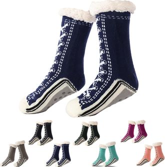 Generic Accordinglye Ultra-Thick Cashmere Slipper Home Socks, Unisex Winter Super Soft Warm Cozy Fleece Lined Non Slip Slipper Socks (Dark Blue,One Size)